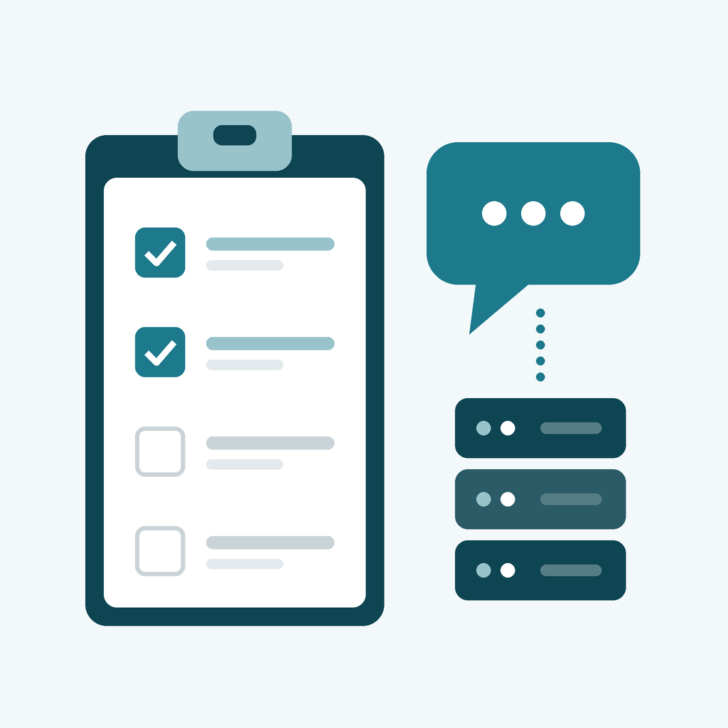 PHP2Shell — WordPress Sitem Etkilenir mi, Ne Yapmalıyım? Bir Kısmı Işaretlenmiş Kontrol Listesi, Konuşma Balonu Ve Sunucu Simgesi: Site Sahibinin Hosting Firmasına Soracağı Soruları Anlatan Çizim